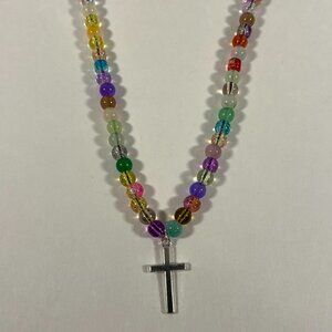 Silver Cross Multi-Color Glass Bead Necklace NWT